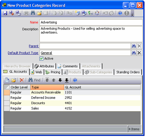 Sample Product Category Record for an Advertising Product