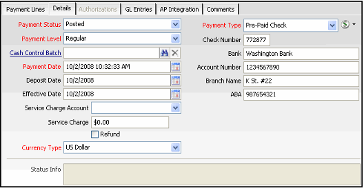 Sample Details Tab of a New Payments Record