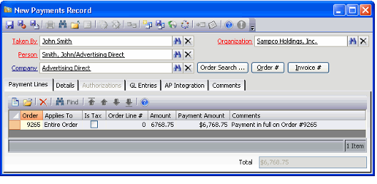 Sample Payments Record for an Insertion Order