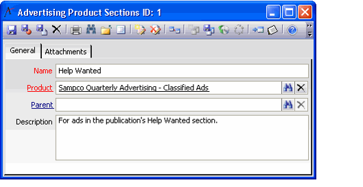 Sample Advertising Product Sections Record