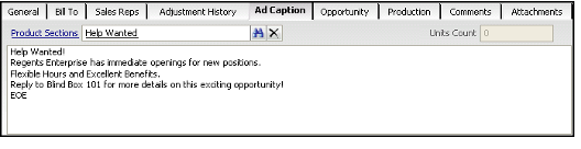 Sample Ad Caption Tab on an Advertising Insertion Order Record