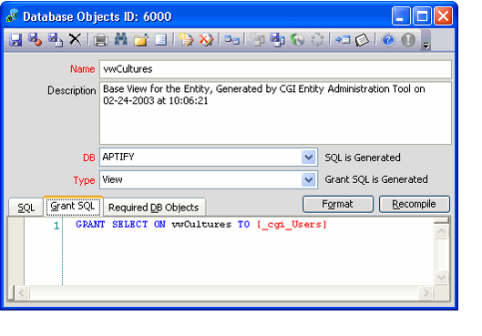 Database Objects Form - Grant SQL Tab