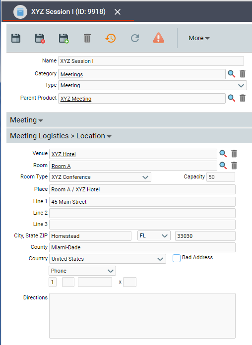 Products Form Meeting Location Sub-Tab