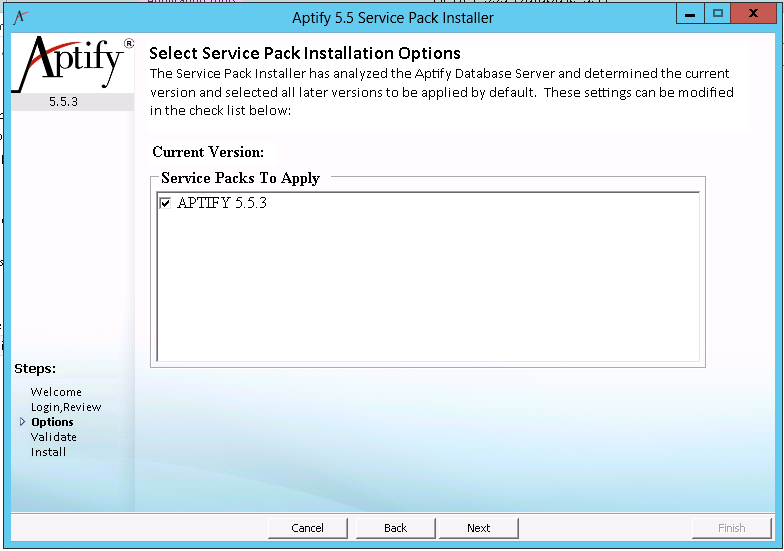 Select Service Pack Installation Options