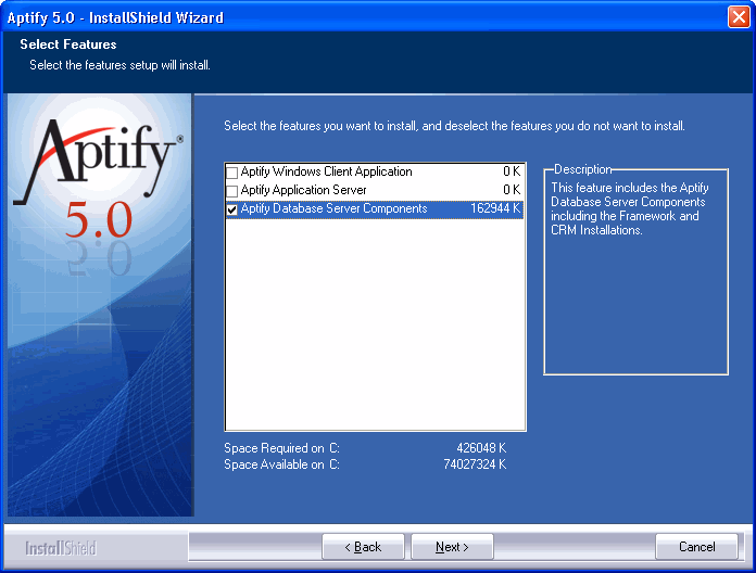 Aptify 5.0 InstallShield Wizard Select Features Screen