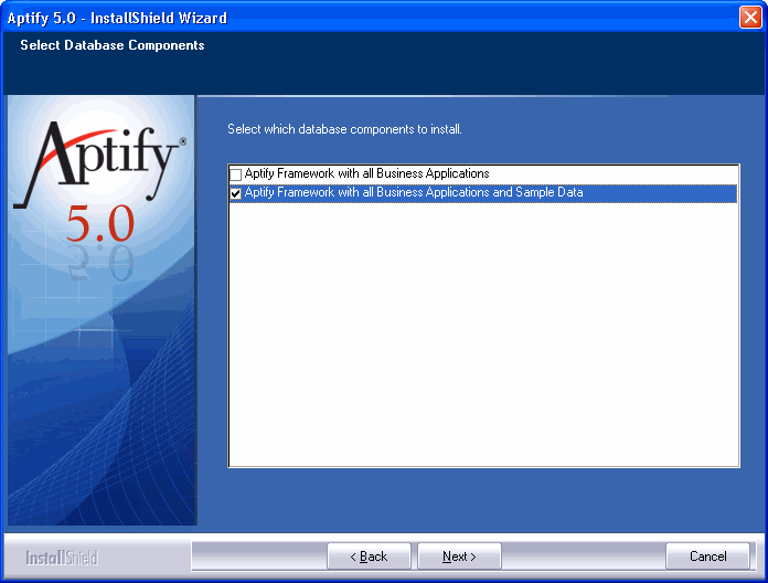 Aptify 5.0 InstallShield Wizard Select Database Components Screen