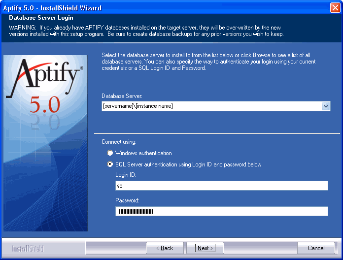 Aptify 5.0 InstallShield Wizard Database Server Login Screen