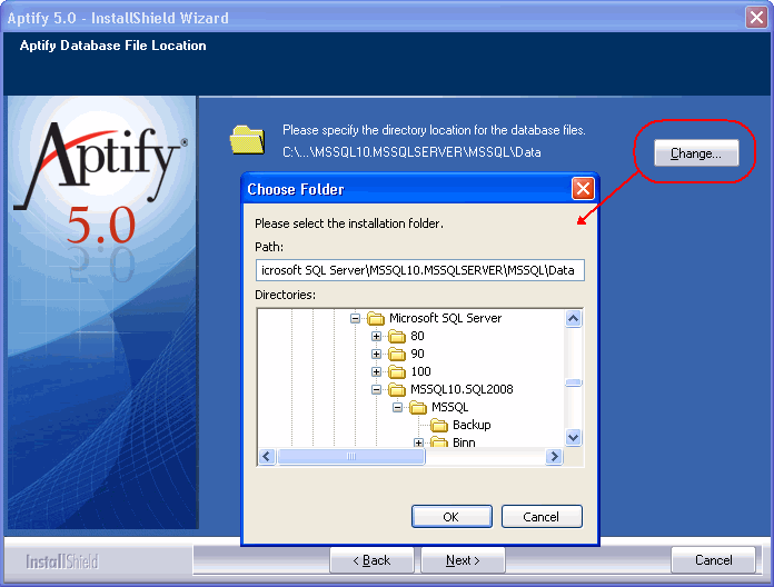 Aptify 5.0 InstallShield Wizard Database File Location Screen