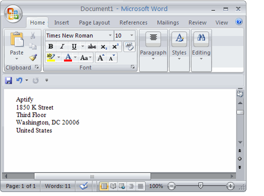 Copied Address Pasted into MS Word