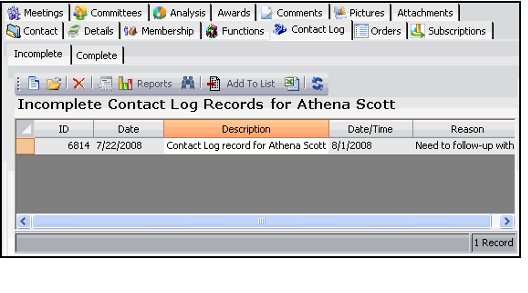 Incomplete Contact Log for Selected Person