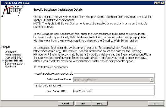 Specify Database Installation Details Option