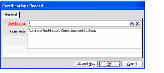 Curriculum Application's Certifications Record