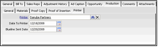 Printer Tab of Insertion Order Production Tab