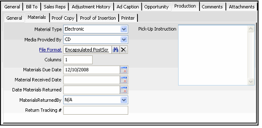Materials Tab on Insertion Order Production Tab