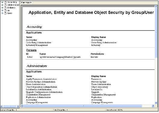 Permitted Applications, Entities and DB Objects by Group Report